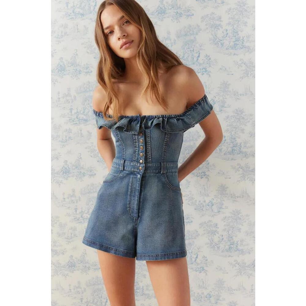 Urban Outfitters Denim Blue Off-Shoulder Romper